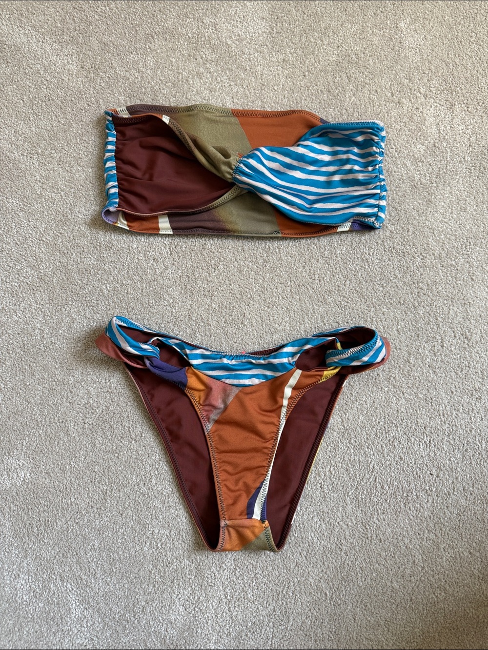 Free People Striped & Patchwork Bandeau Bikini in Blue and Brown